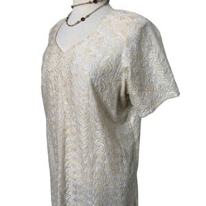 Vintage Cream Embroidered Short Sleeve Midi Shift Kaftan Dress Side Slit Boho L